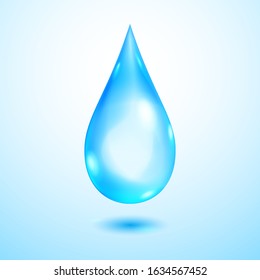 One big realistic translucent water drop in blue colors with shadow