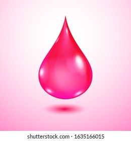 One big realistic translucent water drop in red colors with shadow