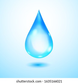 One big realistic translucent water drop in blue colors with shadow