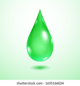 One big realistic translucent water drop in green colors with shadow
