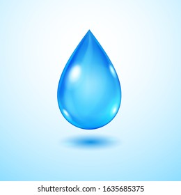 One big realistic translucent water drop in blue colors with shadow