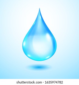 One big realistic translucent water drop in blue colors with shadow