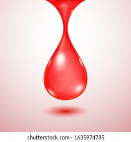 One big realistic translucent water drop in red colors with shadow