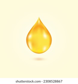 One big realistic translucent water drop in yellow colors with shadow