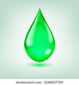 One big realistic water drop in green color with glares and shadow