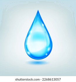 One big realistic water drop in blue color with glares and shadow