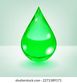 One big realistic water drop in green color with glares and shadow