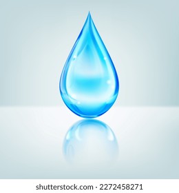 One big realistic water drop in blue color with glares and reflection