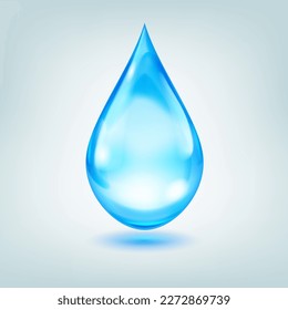 One big realistic water drop in blue color with glares and shadow