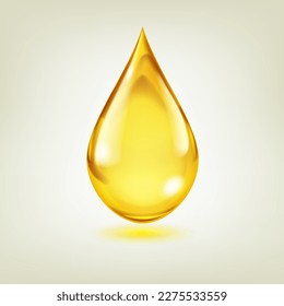 One big realistic water drop in yellow color with glares and shadow