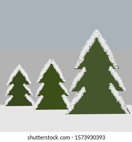 One big and two small Christmas trees in the snow