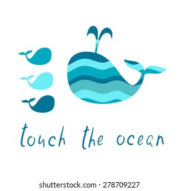 One big wavy whale and three small blue whales. Summer travel card. Touch the ocean.  Mother and children.