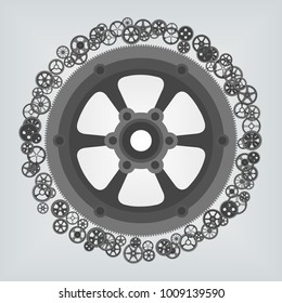 One big wheel and many wheels of different forms and sizes around on light grey background. Round frame. Monochrome image. Infographic Design Template. Technology concept, engineering graphic. Vector