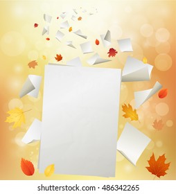 One big white blank sheet of paper with small papers flying away with yellow red orange autumn leaves never too late idea