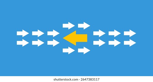 one big yellow arrow among many white small arrows, leadership innovations concept, divided flow illustration, against the current