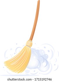 One big yellow broom sweep floor with long wooden handle and clouds of dust isolated, household implement from dust and dirt