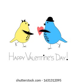 One bird gives another a heart. Next to it is the text: "Happy Valentine's Day!" Holiday greeting card or design element. Isolated vector illustration with simple birds.