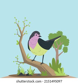One bird on branches with leaves. All objects are separated and easy to move. Vector - stock