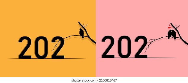 one bird on the tree branch and two lovers couple bird comparison concept design on the other branch.