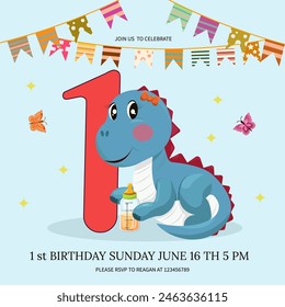 One Birthday party invitation with baby dragon. Vector illustration