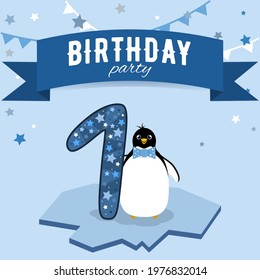 One birthday party invitation. Postcard with boy penguin in blue colors.
