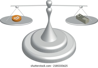 One bitcoin euqals to thousand dollar on the equal arm scales. Bitcoin Crypto currency and cash vector and illustration on isolated white background
