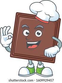 One bite chocolate bar cartoon character wearing costume of chef and white hat