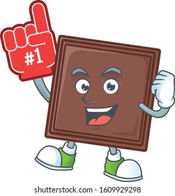 One bite chocolate bar mascot cartoon style holding a Foam finger