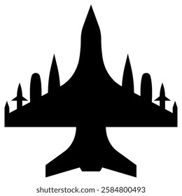 one black fighter plane icon with bomb and missile on white.