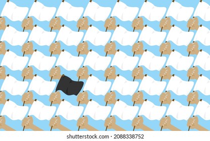 one black flag in white flag group isolated on blue background, refers to the black sheep in the herd, concept vector background illustration.