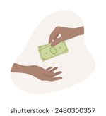 One black hand giving dollar banknotes to another one. Vector clip art in flat style