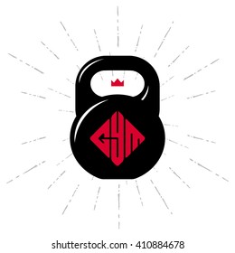 One black kettlebell on white background with inscription - Gym. Vector illustration.