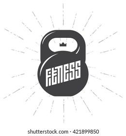 One black kettlebell on white background with inscription - Fitness. Vector illustration.