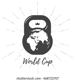 One black kettlebell on white background with world map. Vector illustration.
