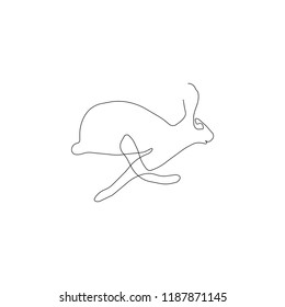 One black line hand draw of running hare on white background