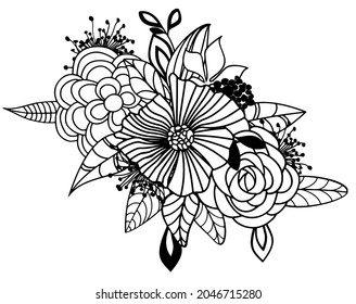 One black outline flower, branch and leaves.Isolated on white background.Hand drawn.For floral design, cosmetic products,greeting card,invitations,coloring book.Vector stock illustration.