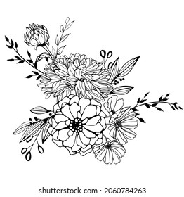One black outline flower, branch and leaves.Isolated on white background.Hand drawn.For floral design, cosmetic products,greeting card,invitations,coloring book. Vector stock illustration.