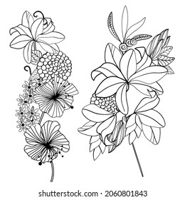 One black outline flower, branch and leaves.Isolated on white background.Hand drawn.For floral design, cosmetic products,greeting card,invitations,coloring book.Vector stock illustration.