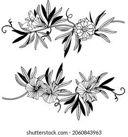 One black outline flower, branch and leaves.Isolated on white background.Hand drawn.For floral design, cosmetic products,greeting card,invitations,coloring book.Vector stock illustration.