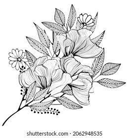 One black outline flower, branch and leaves.Isolated on white background.Hand drawn.For floral design, cosmetic products,greeting card,invitations,coloring book. Vector stock illustration.