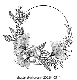 One black outline flower, branch and leaves.Isolated on white background.Hand drawn.For floral design, cosmetic products,greeting card,invitations,coloring book. Vector stock illustration.