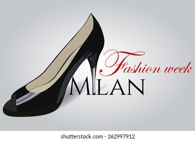 One black shoe with a long heel. Milan Fashion Week. Vector illustration