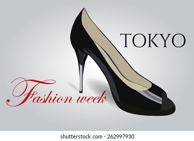 One Black Shoe With A Long Heel. Tokyo Fashion Week. Vector Illustration