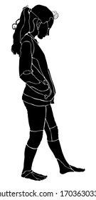 One black silhouette of a girl on a white background. stand, pose, walk, sport, tattoo.