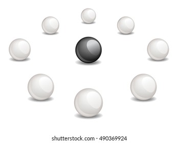 One black sphere is surrounded white ones. Conceptual  Vector illustration