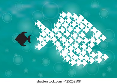 One black unique different fish swimming opposite way of identical white ones. Teamwork, Courage, confidence, success, crowd and creativity concept.
Think different design, vector illustration
