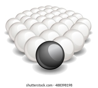 One black unique sphere came forward from a crowd of white spheres. Vector illustration, no size limit. 