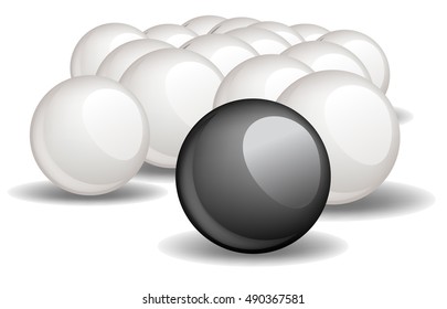  One black unique sphere came forward from a crowd of white spheres.  Conceptual Vector illustration