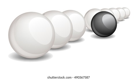 One black unique sphere came forward from a line of white spheres.  Conceptual Vector illustration