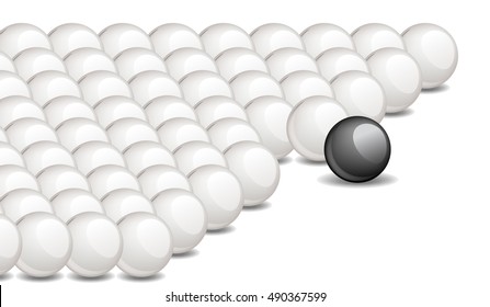 One black unique sphere came forward from a crowd of white spheres.  Conceptual  Vector illustration